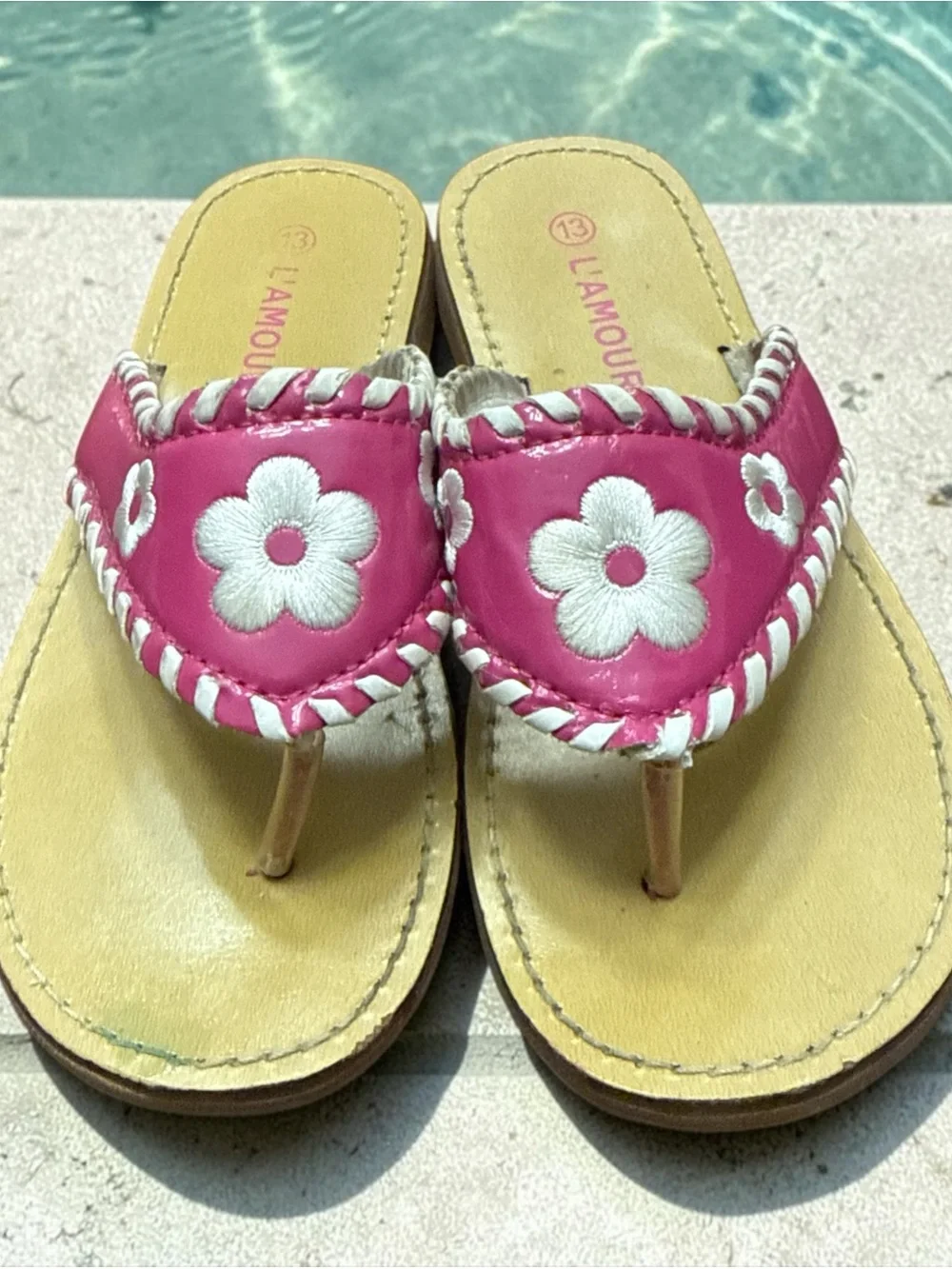 L'Amour Girls Pink Leather Whipstitch Floral Sandals Resort Preppy Size 13